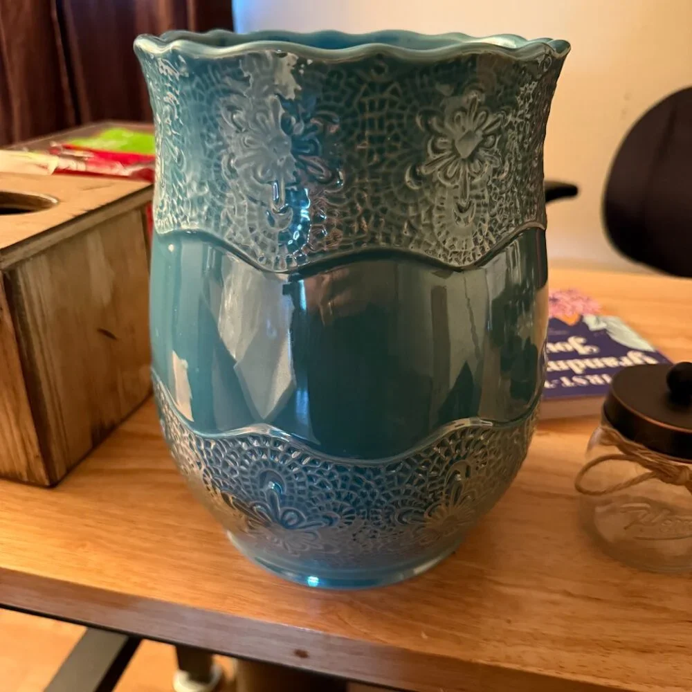 Bathroom Ceramic Trash Can & Toothbrush Holder Set Teal Bath Accessories Powder - Picture 2 of 11